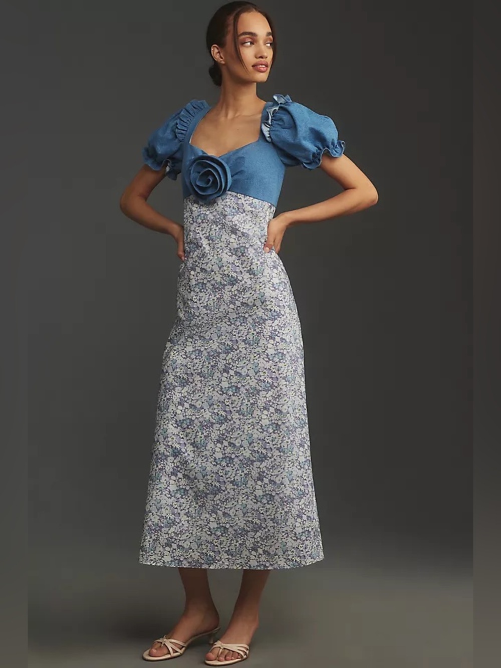 NWT English Factory Anthropologie Denim Rosette Floral Midi Dress